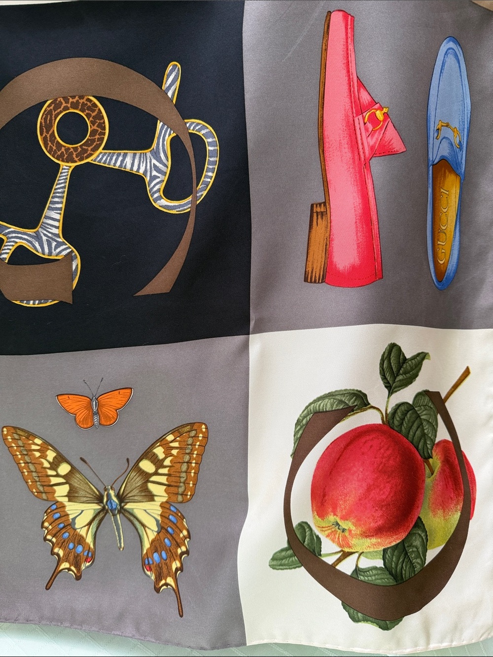 Gucci Vintage Multicolor Silk Scarf in Beige, Brown, Black, Red & Blue - Picture 8 of 14
